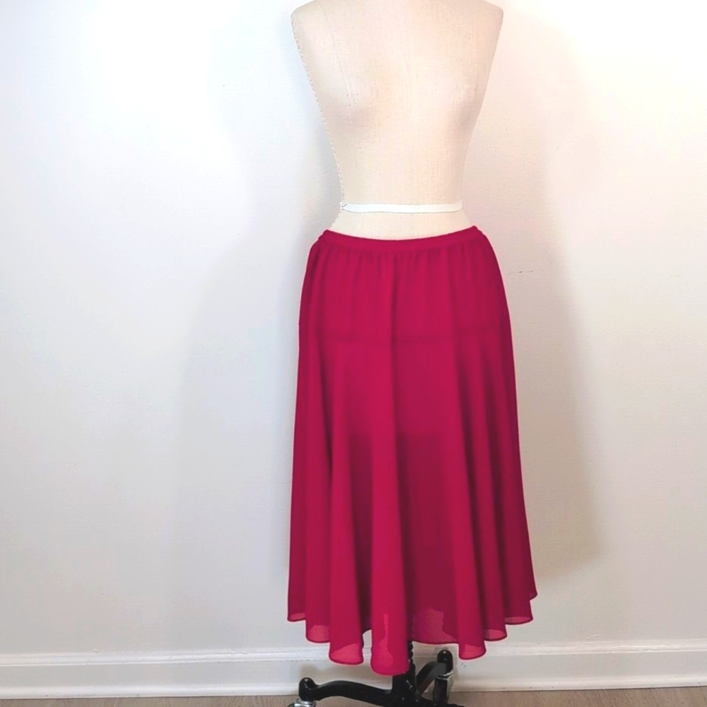 Vintage sheer polyester, drop waist, slip on, mid calf flouncy dance skirt. 18.